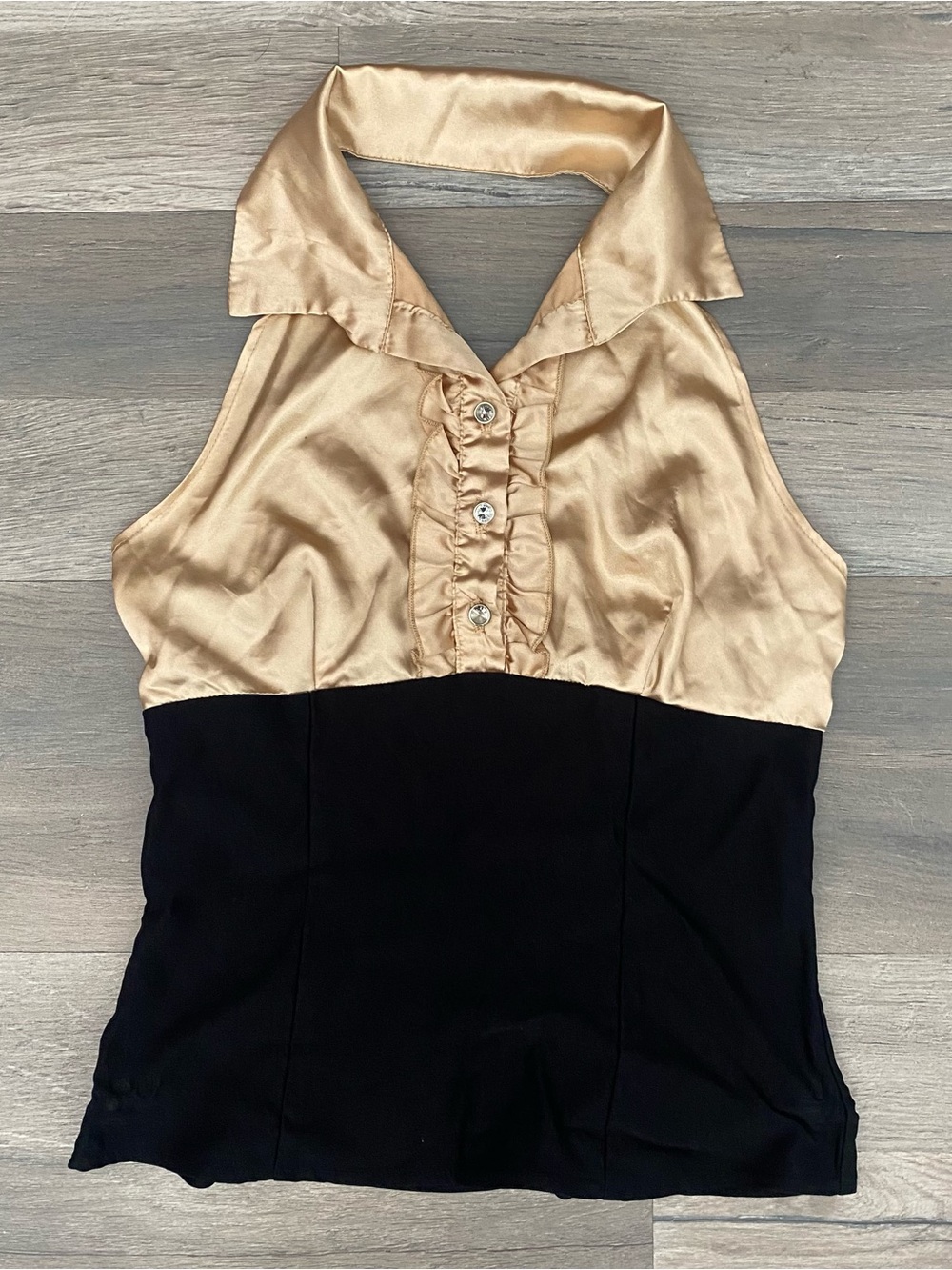 Vintage Y2K Satin Halter Top Black Gold Rhinestone Button Collared Blouse
